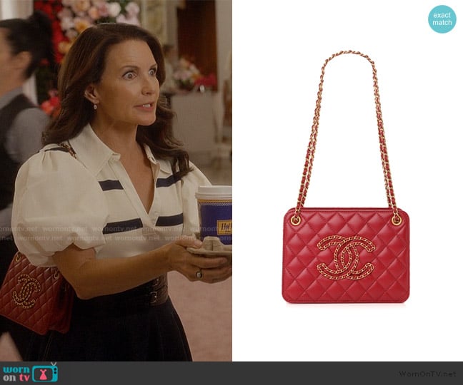 Chanel Calfskin Quilted Small CC Chain Accordion Tote Red worn by Charlotte York (Kristin Davis) on And Just Like That