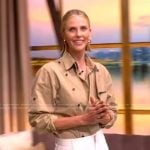 Charlize Theron’s knaki button detail shirt on The View