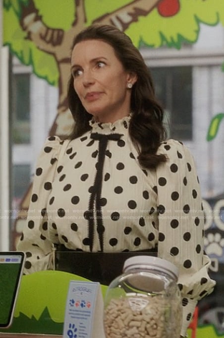 Charlottes white polka dot print blouse on And Just Like That
