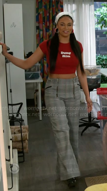 Chelsea's DUMP HIM top and plaid pants on Beyond the Gates