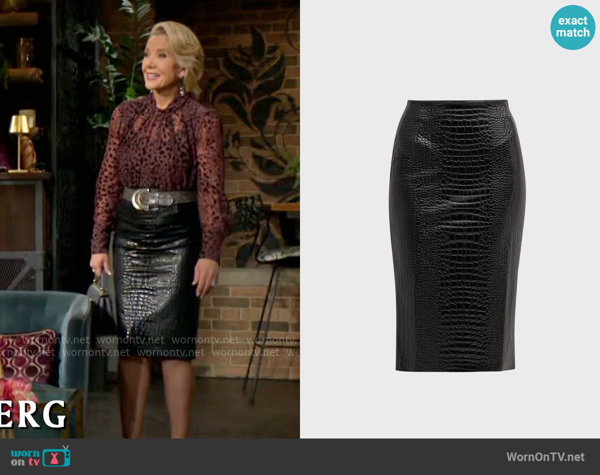 Chiara Boni La Petite Robe Crocodile-Embossed Faux Leather Midi Skirt worn by Nikki Reed Newman (Melody Thomas-Scott) on The Young and the Restless