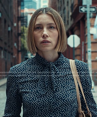 Chloe's navy polka dot tie neck blouse on The Better Sister