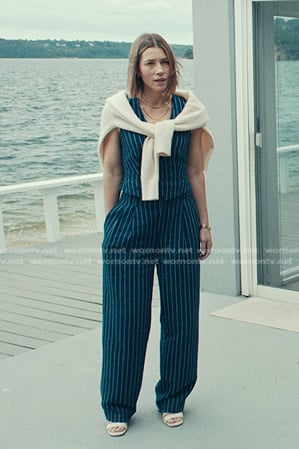 Chloe's blue stripe vest and pants on The Better Sister