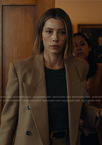 Chloe's brown double breasted blazer on The Better Sister
