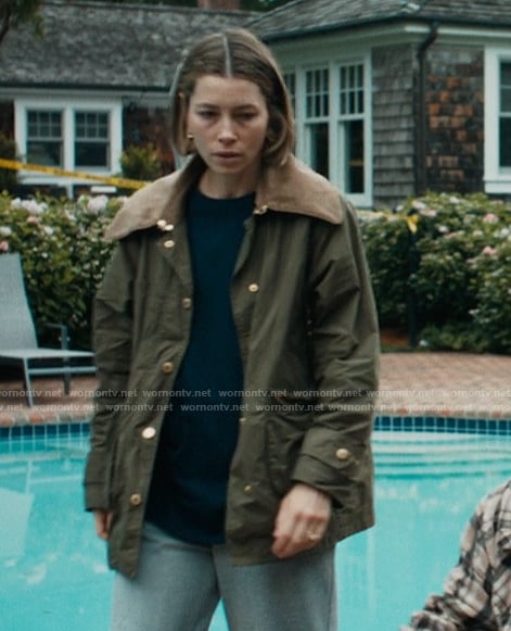 Chloe's green jacket with contrast collar on The Better Sister