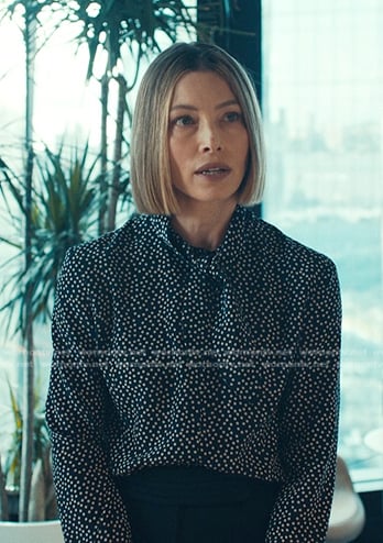Chloe's navy polka dot tie neck blouse on The Better Sister