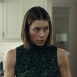 Chloe’s printed turtleneck top and skirt on The Better Sister