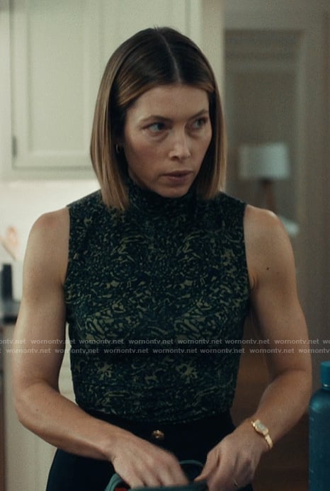 Chloe's printed turtleneck top and skirt on The Better Sister