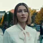 Chloe’s pink tie neck blouse on The Better Sister
