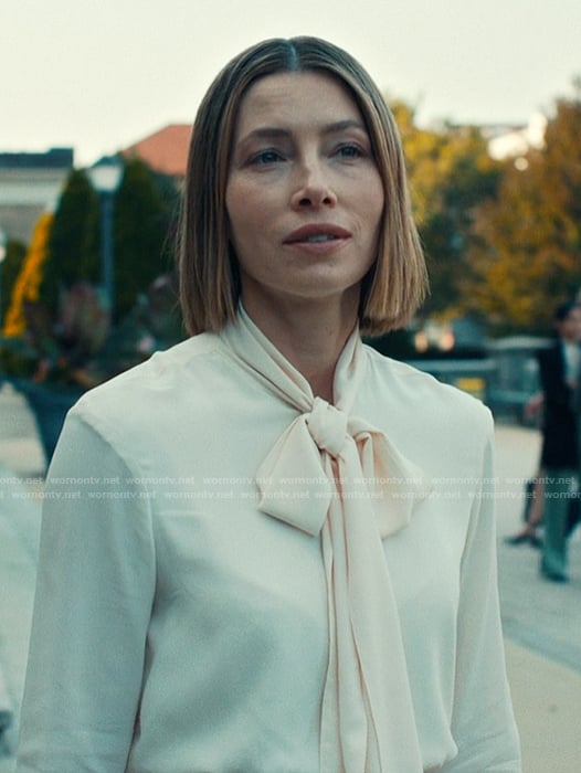 Chloe’s pink tie neck blouse on The Better Sister