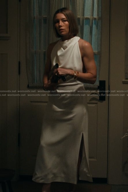 Chloe's white twist back dress on The Better Sister