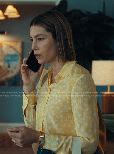 Chloe's yellow butterfly print shirt on The Better Sister