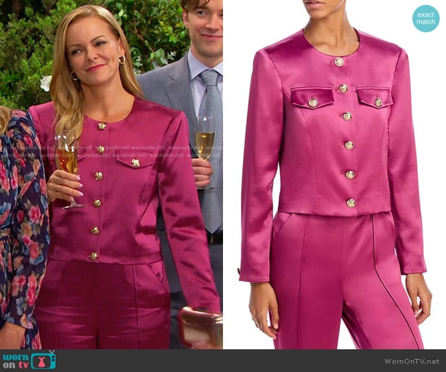 Cinq a Sept Rainer Jacket in Dark Ube worn by Belle Brady (Martha Madison) on Days of our Lives