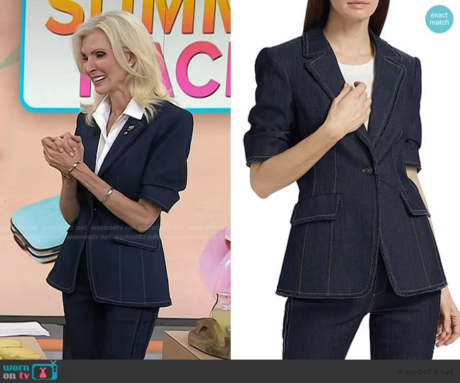 Cinq a Sept Sallie Fitted Short-Sleeve Denim Jacket worn by Lora McLaughlin Peterson on Today