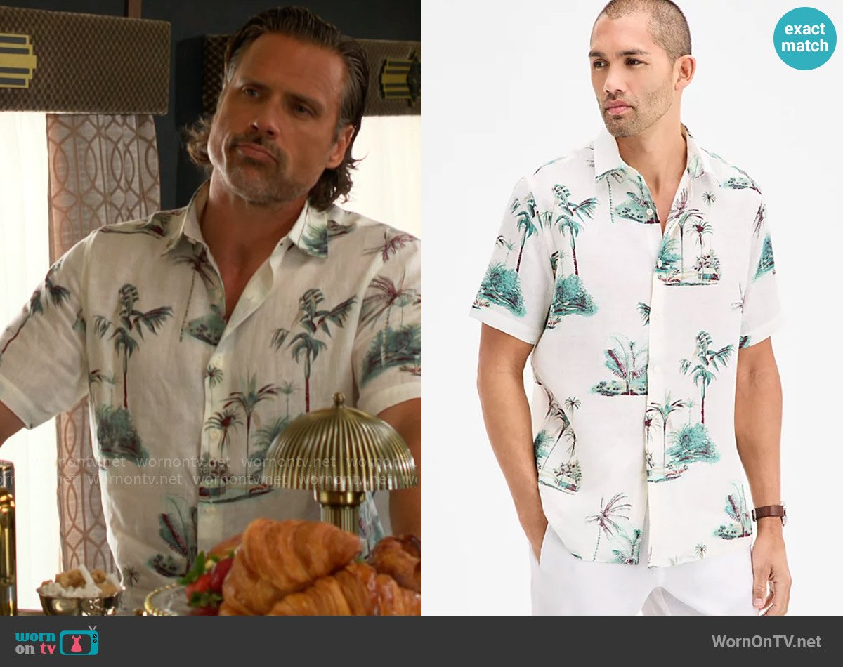 Club Room Aloha Short Sleeved Tropical Print Button-Front Linen Shirt worn by Nick Newman (Joshua Morrow) on The Young and the Restless