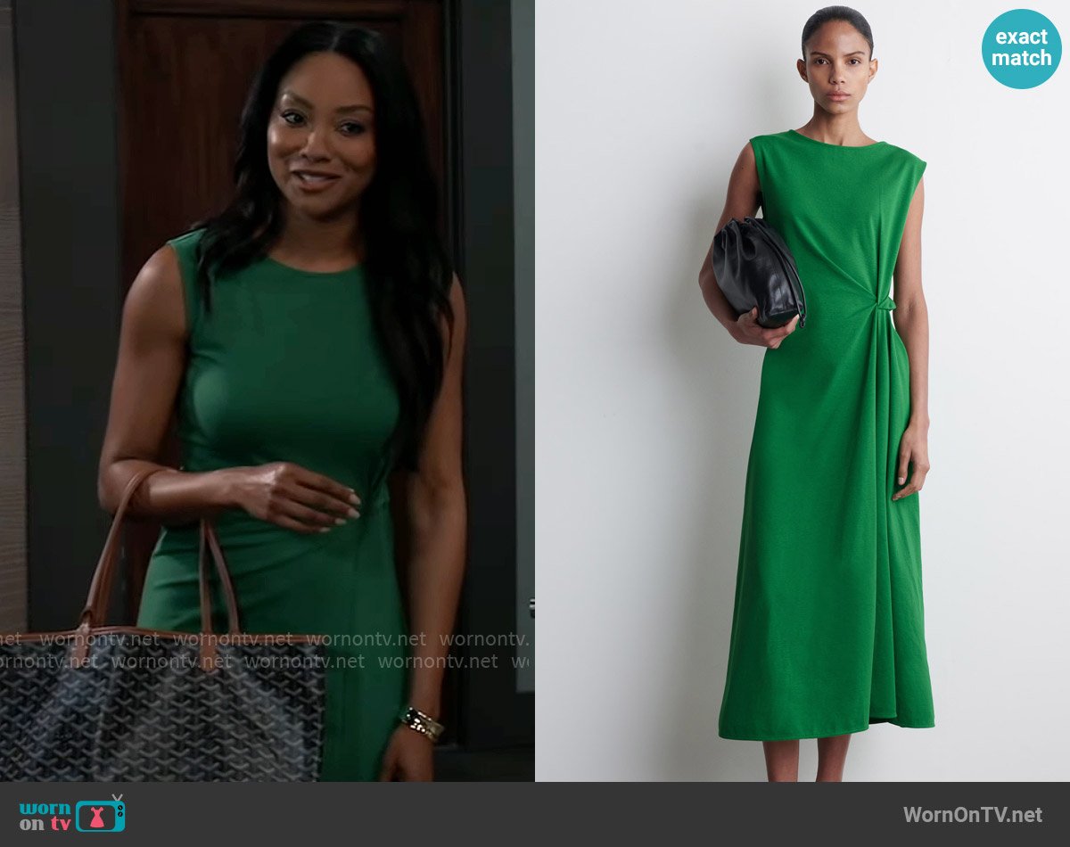 Cos Twist detail midi dress worn by Jordan Ashford (Tanisha Mariko Harper) on General Hospital