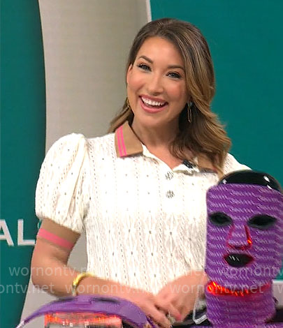 Courtney Cason's white lace knit polo top on CBS Mornings