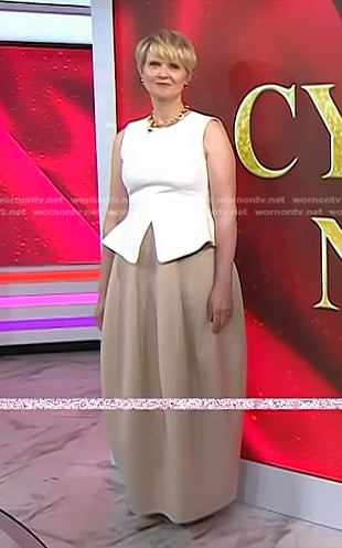Cynthia Nixon’s white peplume top and beige balloon skirt on Today