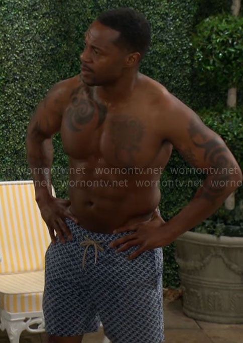 Damian's blue printed shorts on The Young and the Restless