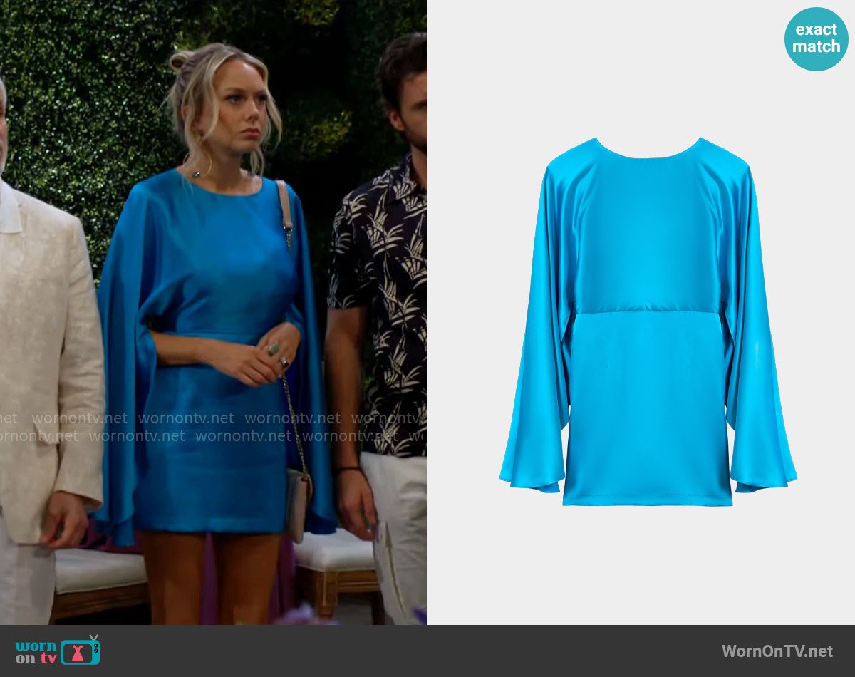 Dandy Del Mar The Catania Satin Angel Sleeve Dress in Lago worn by Abby Newman (Melissa Ordway) on The Young and the Restless