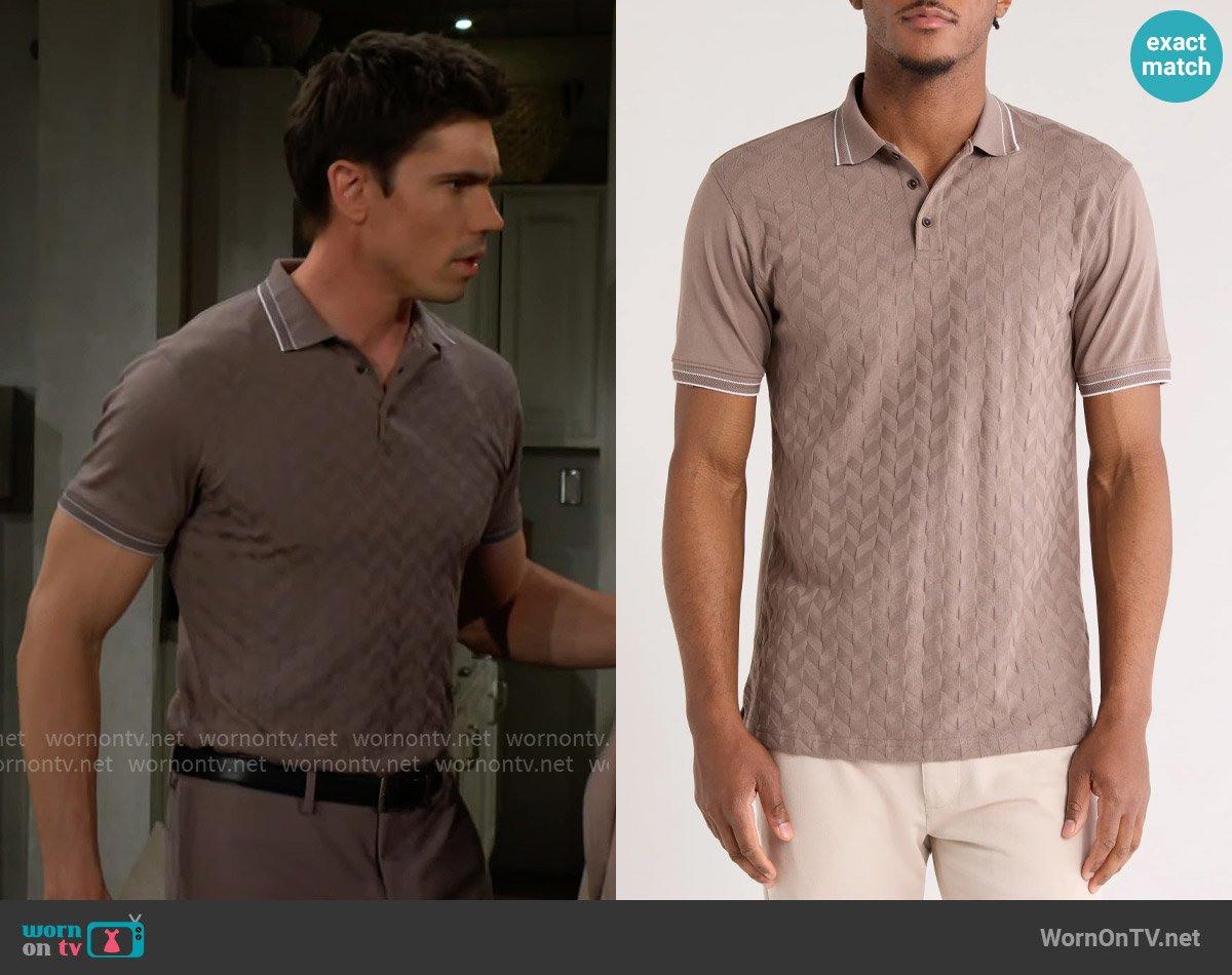 Denim and Flower Textured Polo worn by Dr. John Finnegan (Tanner Novlan) on The Bold and the Beautiful