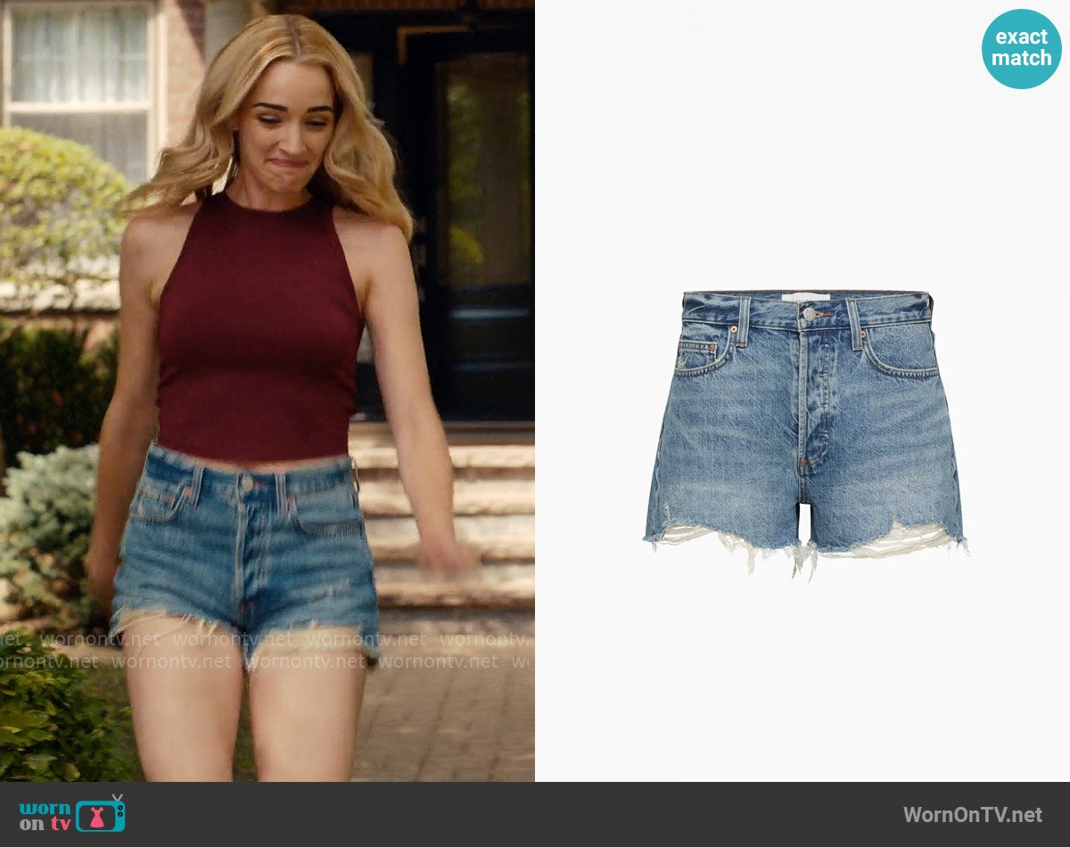Denim Forum at Aritzia The Ex Boyfriend Hi Rise Denim Shorts in Distressed Bleu worn by Georgia Miller (Brianne Howey) on Ginny & Georgia