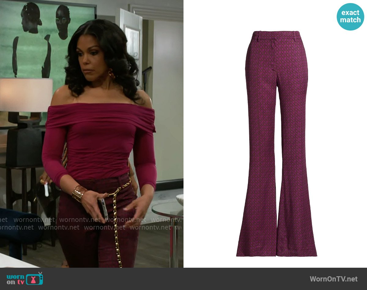 Derek Lam 10 Crosby Cami Geometric Flared Pants worn by Dani Dupree (Karla Mosley) on Beyond the Gates