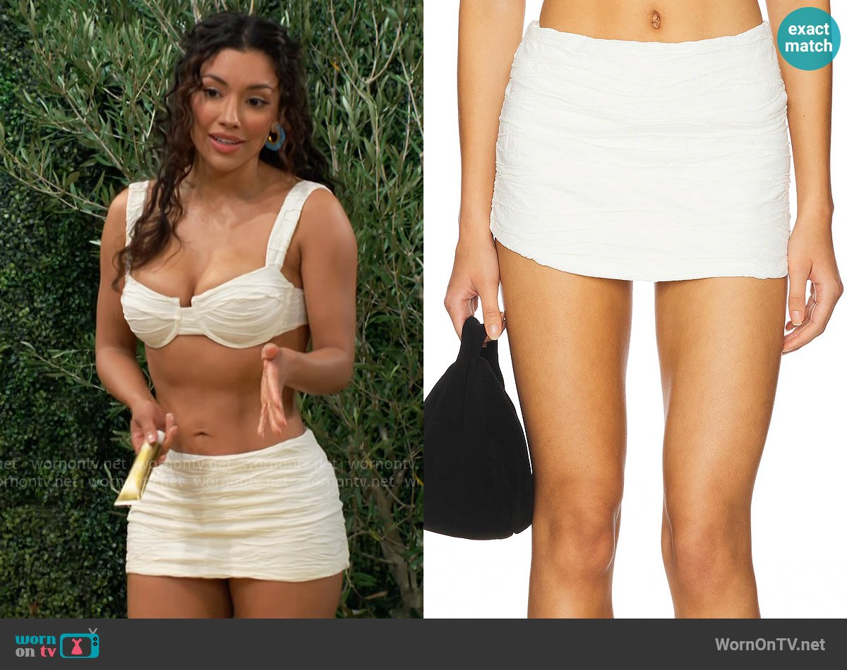 Devon Windsor Pikka Micro Skirt in White Crinkle worn by Audra Charles (Zuleyka Silver) on The Young and the Restless