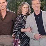Diane’s navy printed blouse and skirt set on The Young and the Restless