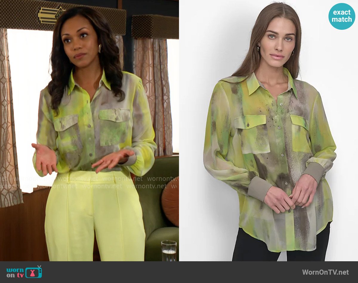 DKNY Button-Front Printed Chiffon Blouse in Watercolor Hues worn by Amanda Sinclair (Mishael Morgan) on The Young and the Restless