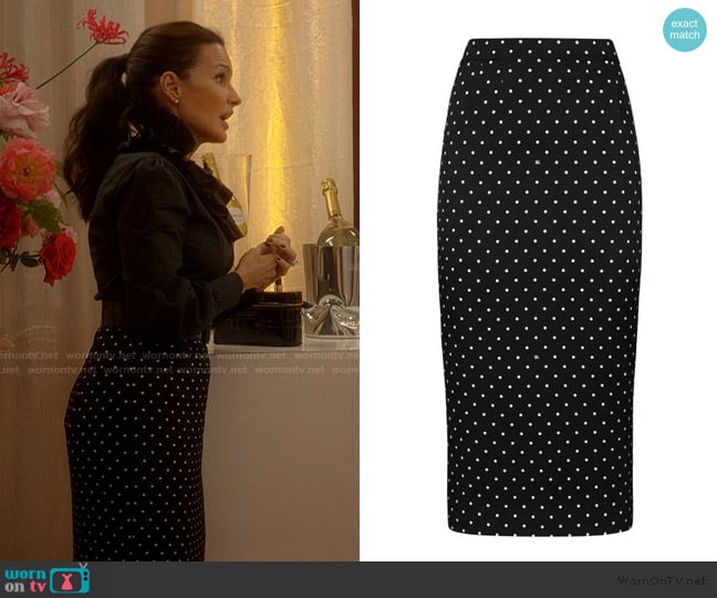 Charlotte’s black polka dot print skirt on And Just Like That