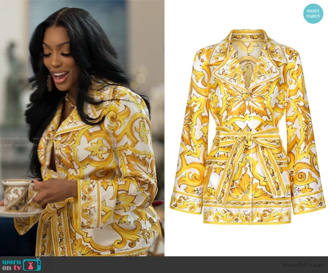 Dolce & Gabbana Majolica-print belted shirt worn by Porsha Williams on The Real Housewives of Atlanta