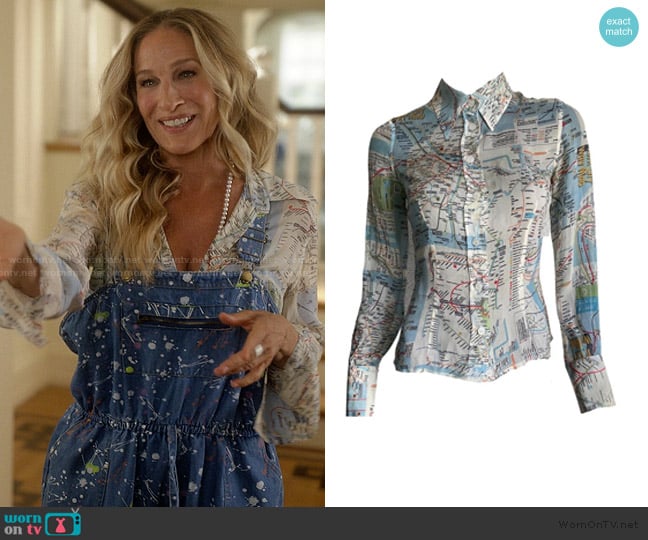 Dolce and Gabbana Map Print Blouse worn by Carrie Bradshaw (Sarah Jessica Parker) on And Just Like That