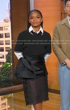 Dominique Thorne's black polo and rosette tulle skirt on Good Morning America