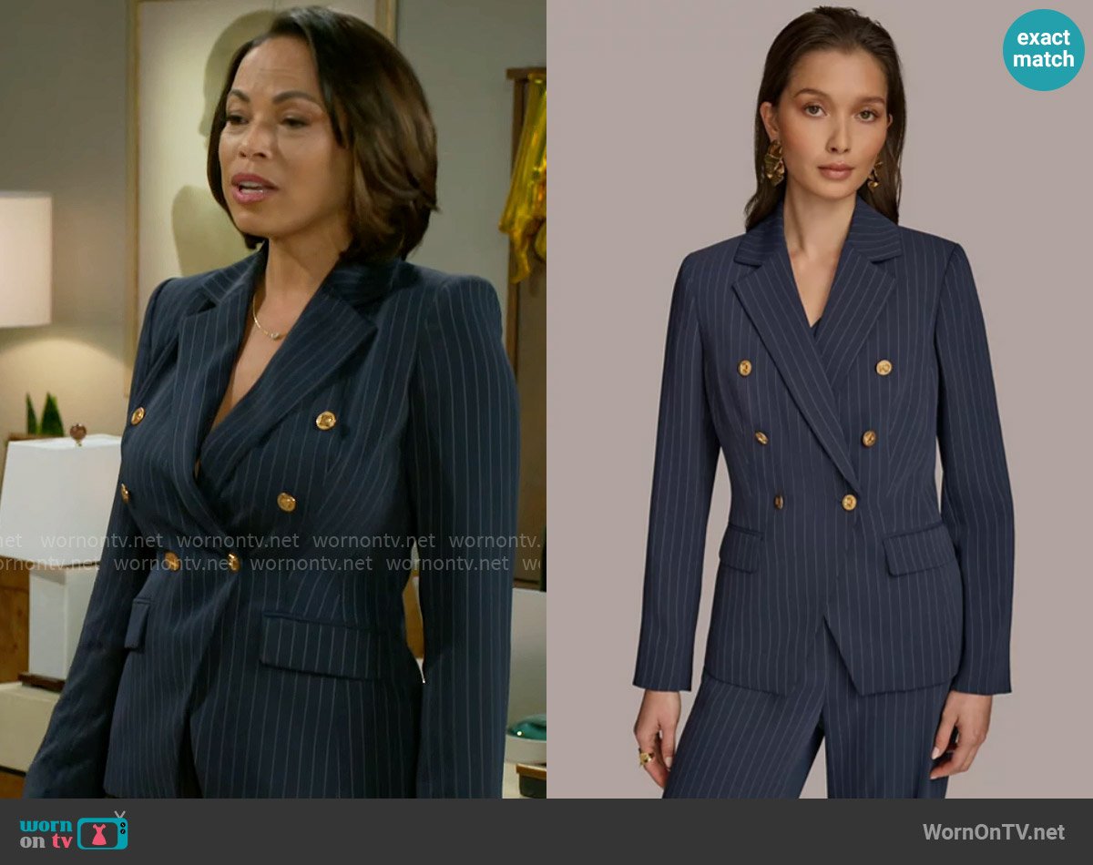 Donna Karan Pinstripe Double-Breasted Blazer worn by Nicole Dupree Richardson (Daphnee Duplaix) on Beyond the Gates