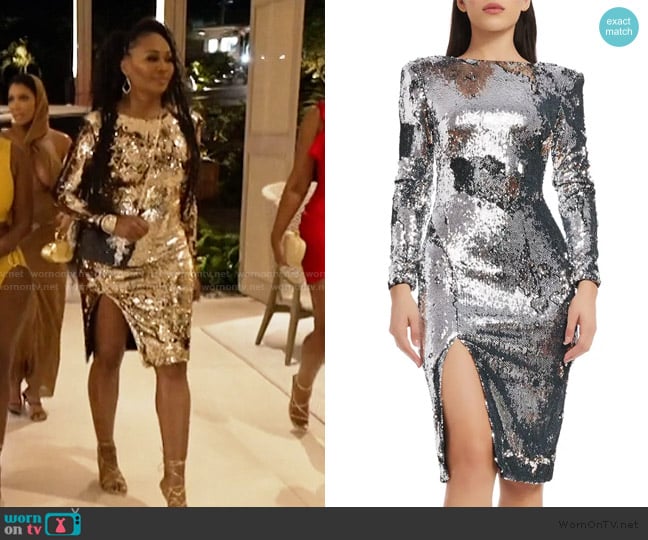 Dress the Population Natalie Sequin Long Sleeve Dress worn by Cynthia Bailey on The Real Housewives of Atlanta
