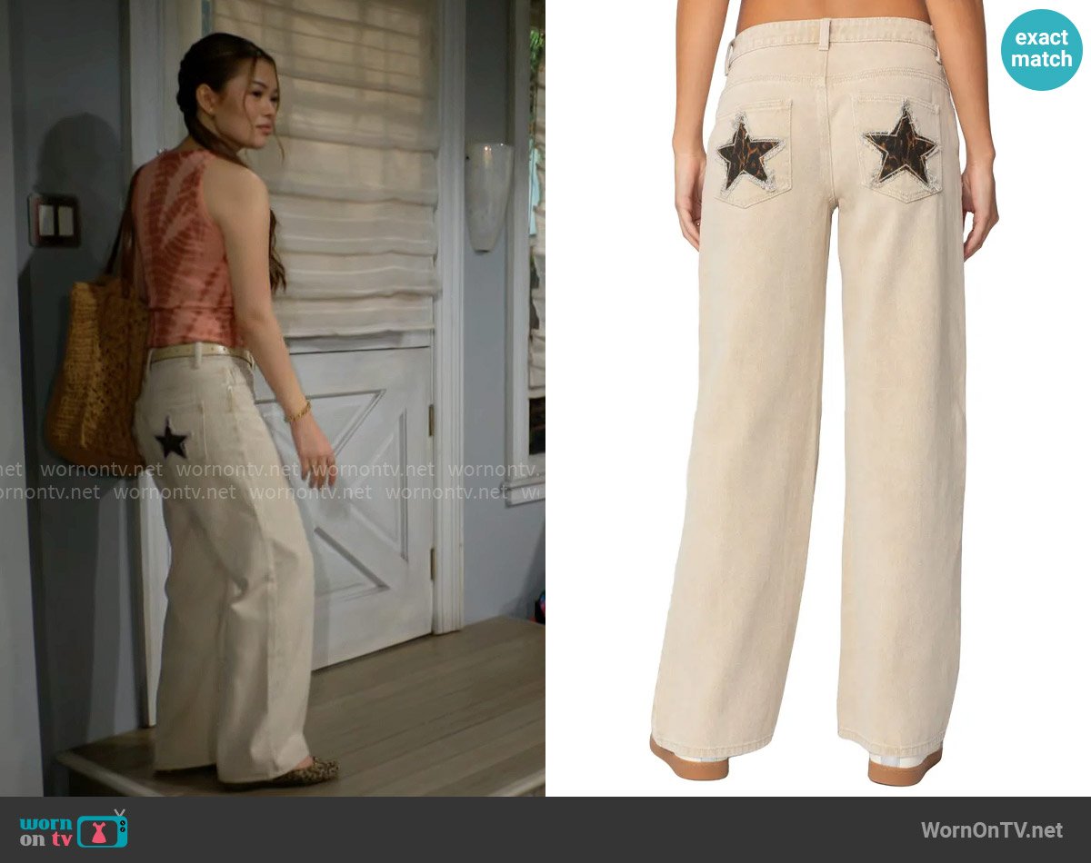 Edikted Leopard Star Low Rise Wide Leg Jeans worn by Luna (Lisa Yamada) on The Bold and the Beautiful