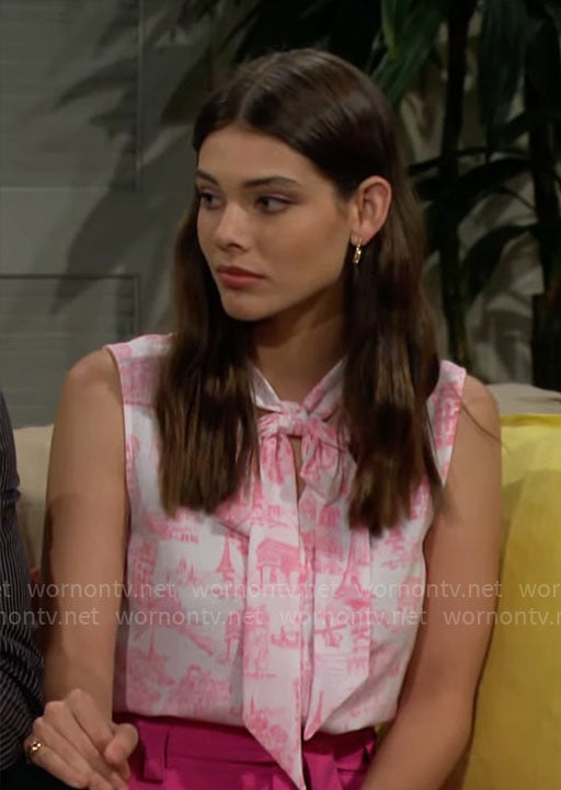 Electra’s pink printed tie-neck top on The Bold and the Beautiful