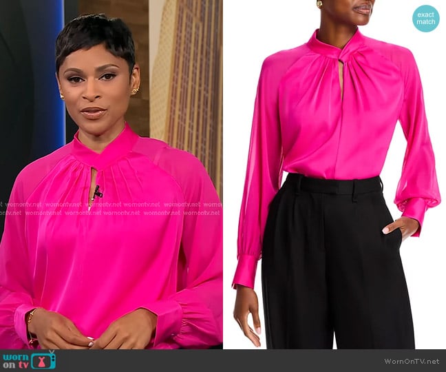 Elie Tahari The Valentine Silk Blend Blouse in Gypsy worn by Jericka Duncan on CBS Evening News