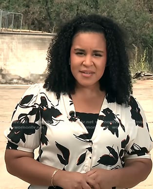 Elise Preston’s white floral v-neck top on CBS Evening News