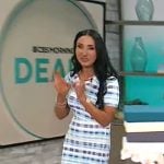 Elizabeth Werner’s blue plaid asymmetric dress on CBS Mornings