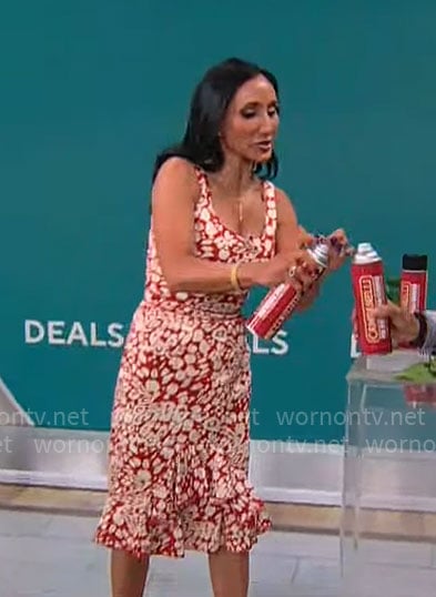 Elizabeth Werner’s red printed ruffle-hem dress on CBS Mornings