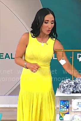 Elizabeth Werner’s yellow pleated drop waist dress on CBS Mornings