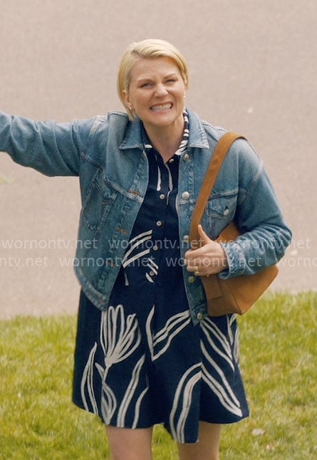 Ellen's navy floral dress and denim jacket on Ginny & Georgia