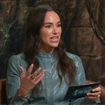 Emily Kurl’s blue leather mini dress on E! News
