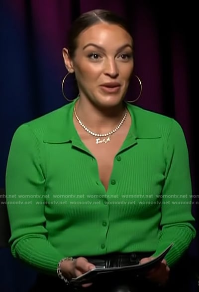 Emily Orozco’s green ribbed cardigan on Access Hollywood