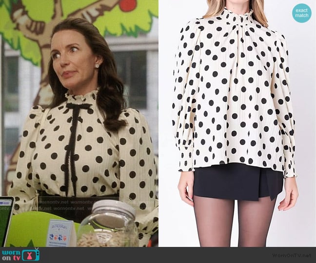 English Factory Polka Dot Smock Neck Blouse worn by Charlotte York (Kristin Davis) on And Just Like That