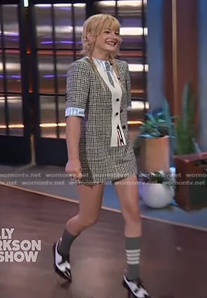 Esther-Rose McGregor's plaid dress and heeled shoes on The Kelly Clarkson Show