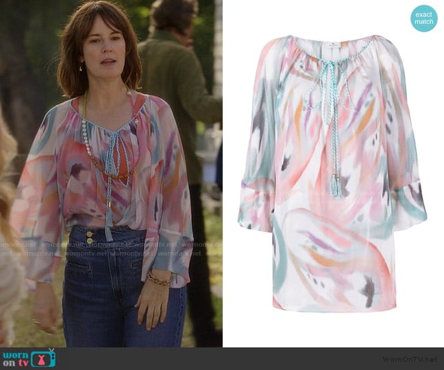 Etro Abstract-print boat neck blouse worn by Kathy (Rosemarie DeWitt) on And Just Like That