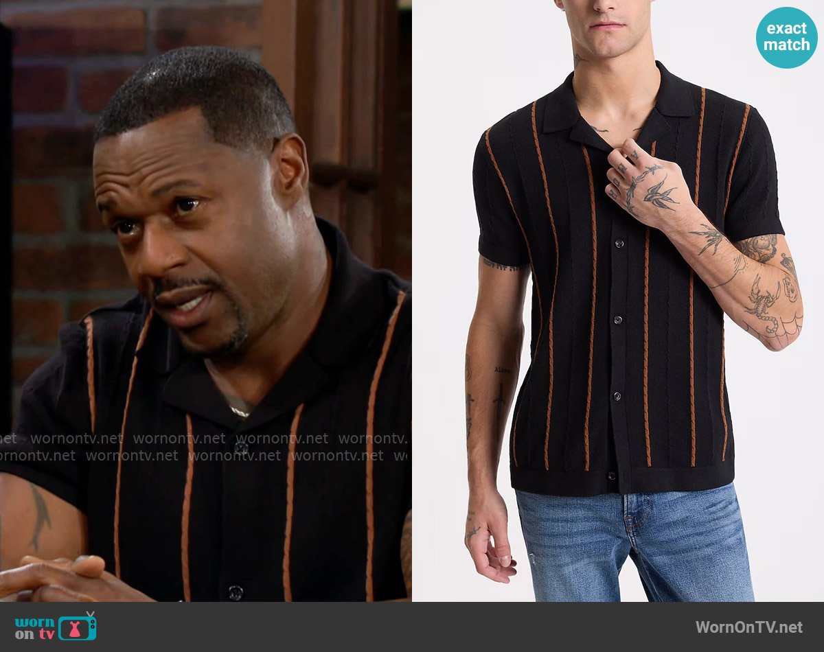 Express Cable Knit Striped Cotton Short Sleeve Sweater Polo worn by Damian Kane (Jermaine Rivers) on The Young and the Restless